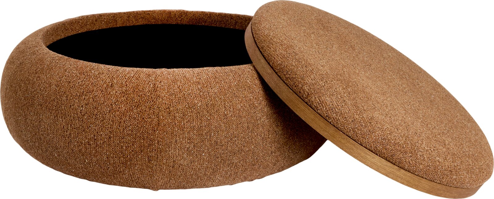 Light&Living Couchtisch RASHANA Runder, brauner Aufbewahrungs-Pouf/Hocker mit abnehmbarem Deckel und schwarzem Innenraum, schräg von vorn in leichter Draufsicht gezeigt; Deckel seitlich angelehnt und geöffnet.