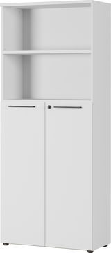 Weißer Aktenschrank mit zwei Türen und einem offenen Regal, Frontalansicht