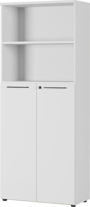 Weißer Aktenschrank mit zwei Türen und einem offenen Regal, Frontalansicht