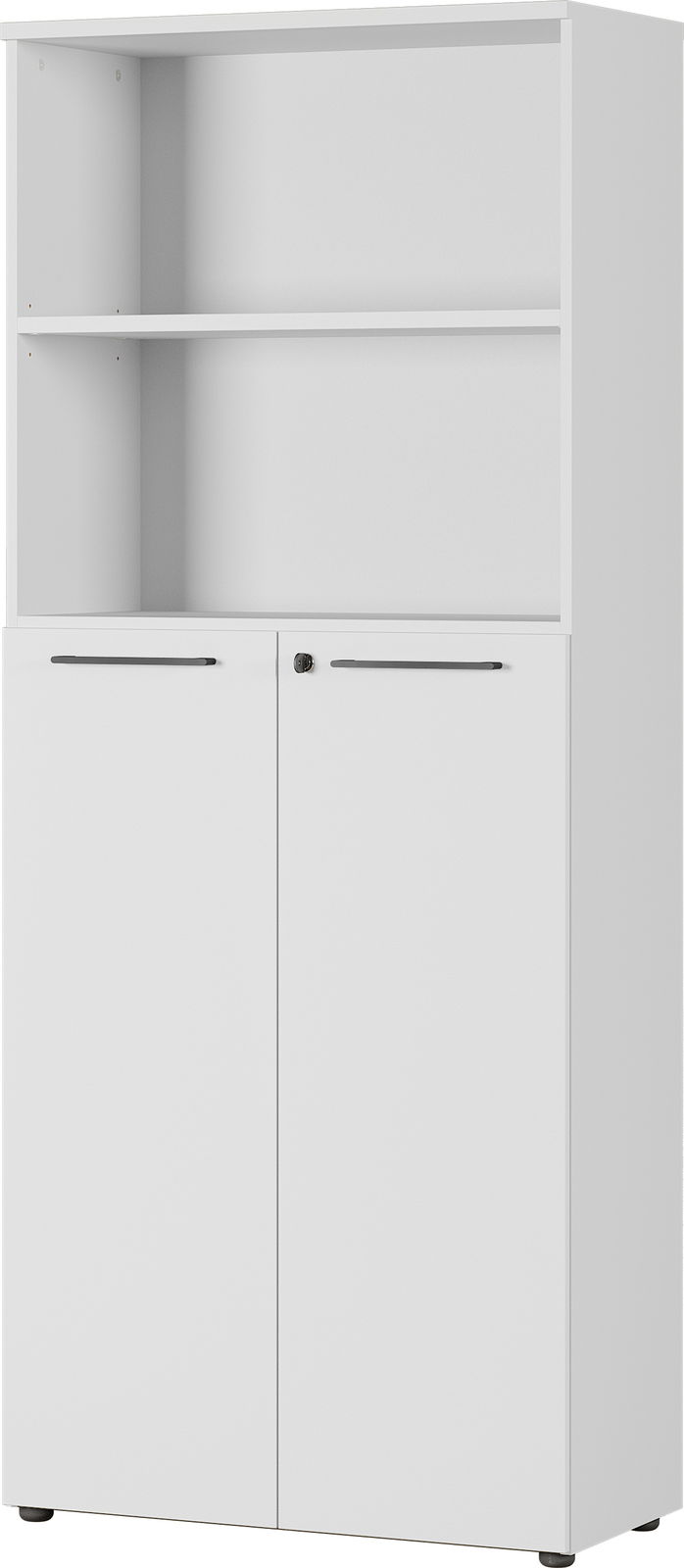 Weißer Aktenschrank mit zwei Türen und einem offenen Regal, Frontalansicht