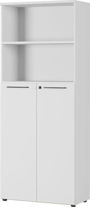 Weißer Aktenschrank mit zwei Türen und einem offenen Regal, Frontalansicht