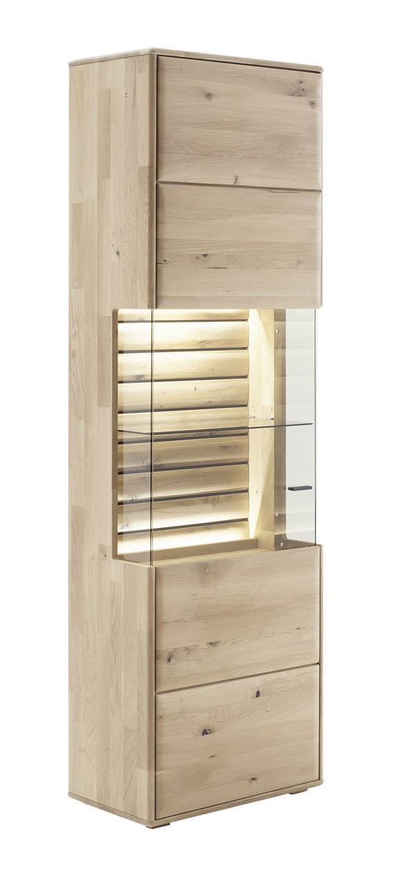 Holzvitrine mit Glaselementen und Beleuchtung, seitliche Perspektive