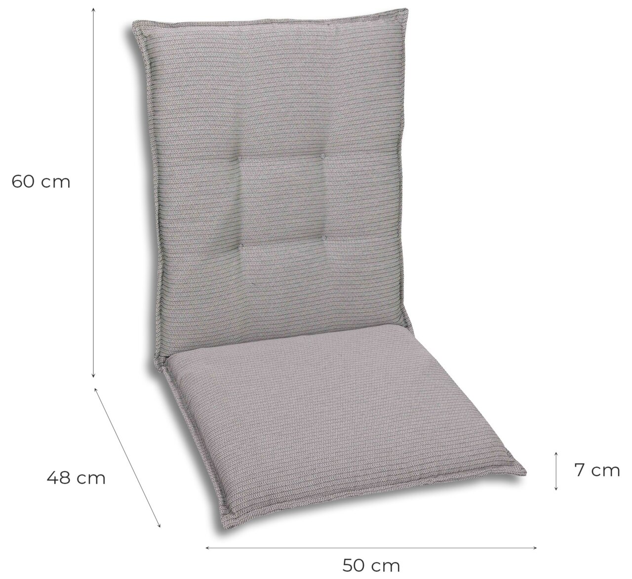 Graue Mittellehnerauflage mit gestepptem Design, seitliche Perspektive, Maße: 60 cm Höhe, 48 cm Tiefe, 50 cm Breite, 7 cm Dicke.