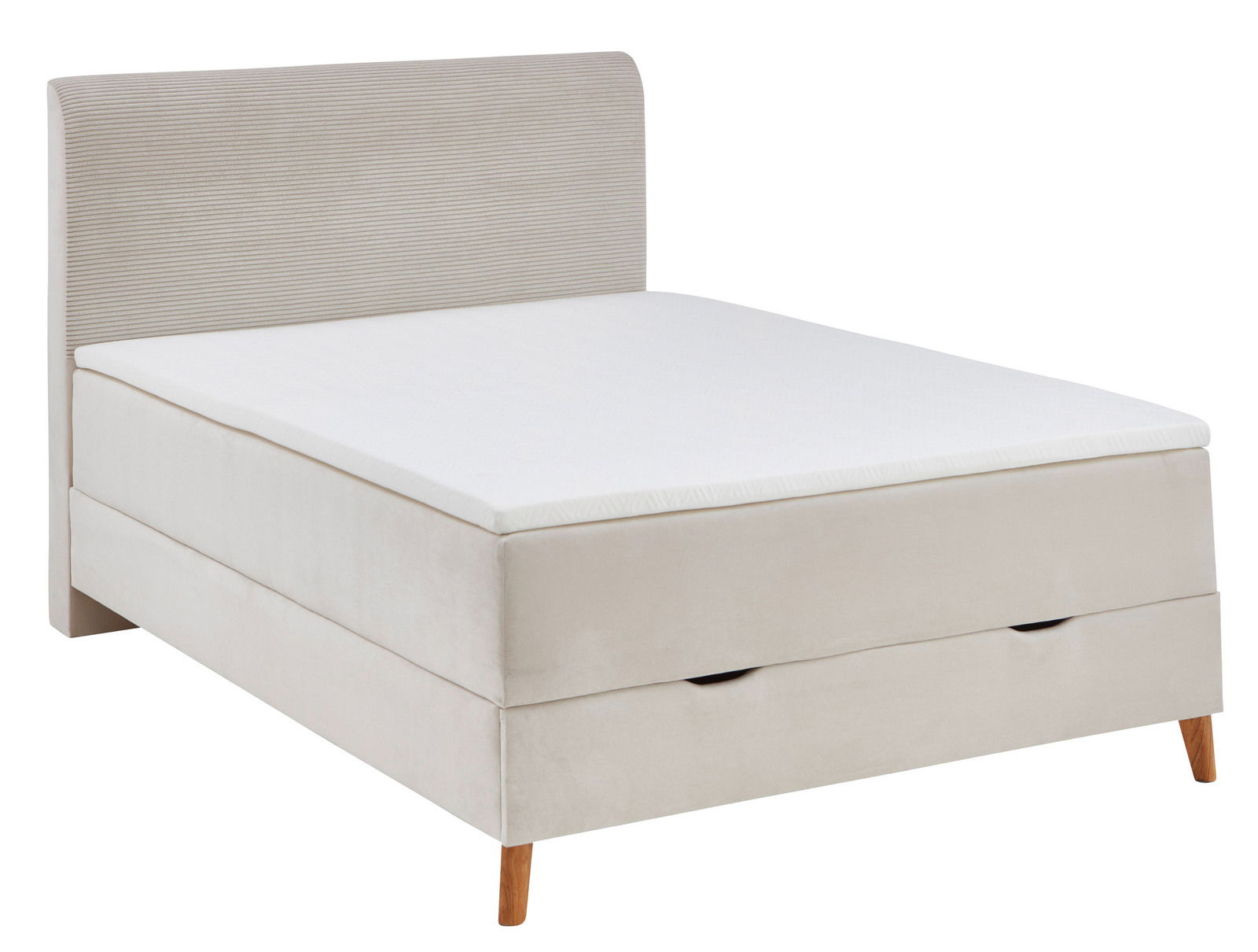 Beiges Boxspringbett mit gestepptem Kopfteil und Holzfüßen, seitliche Perspektive
