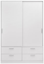 Weißer, zweitüriger Schiebetürenschrank mit vier Schubladen, Frontalansicht