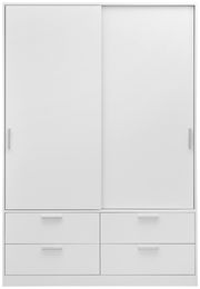 Weißer, zweitüriger Schiebetürenschrank mit vier Schubladen, Frontalansicht
