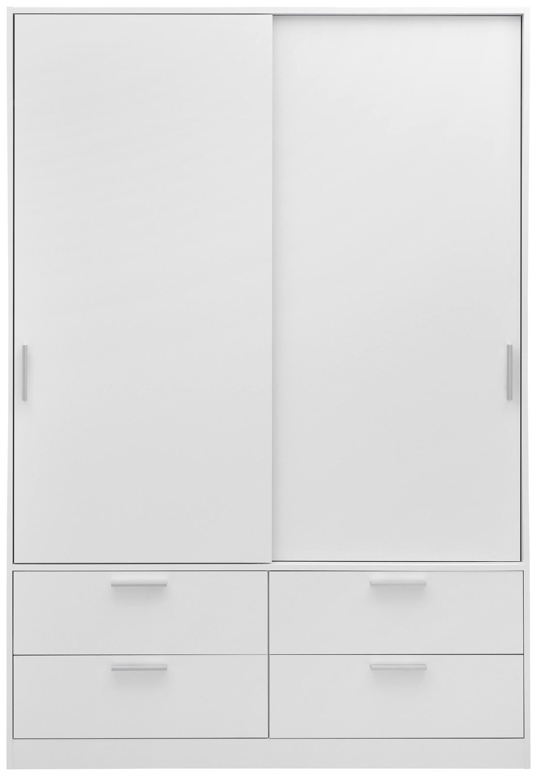 Weißer, zweitüriger Schiebetürenschrank mit vier Schubladen, Frontalansicht