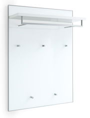 Modernes Garderobenpaneel aus Glas mit fünf Haken und einer Ablage, seitliche Perspektive