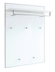 Modernes Garderobenpaneel aus Glas mit fünf Haken und einer Ablage, seitliche Perspektive