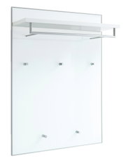 Modernes Garderobenpaneel aus Glas mit fünf Haken und einer Ablage, seitliche Perspektive