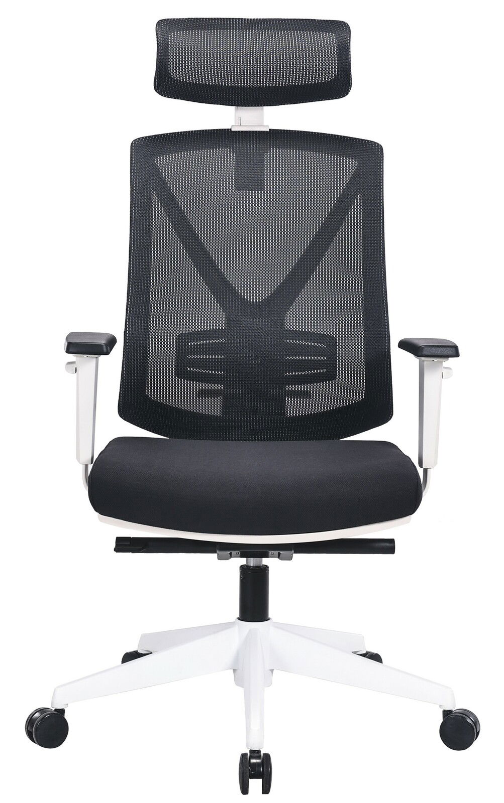 Moderner Drehstuhl mit Netzrückenlehne und Kopfstütze, Vorderansicht