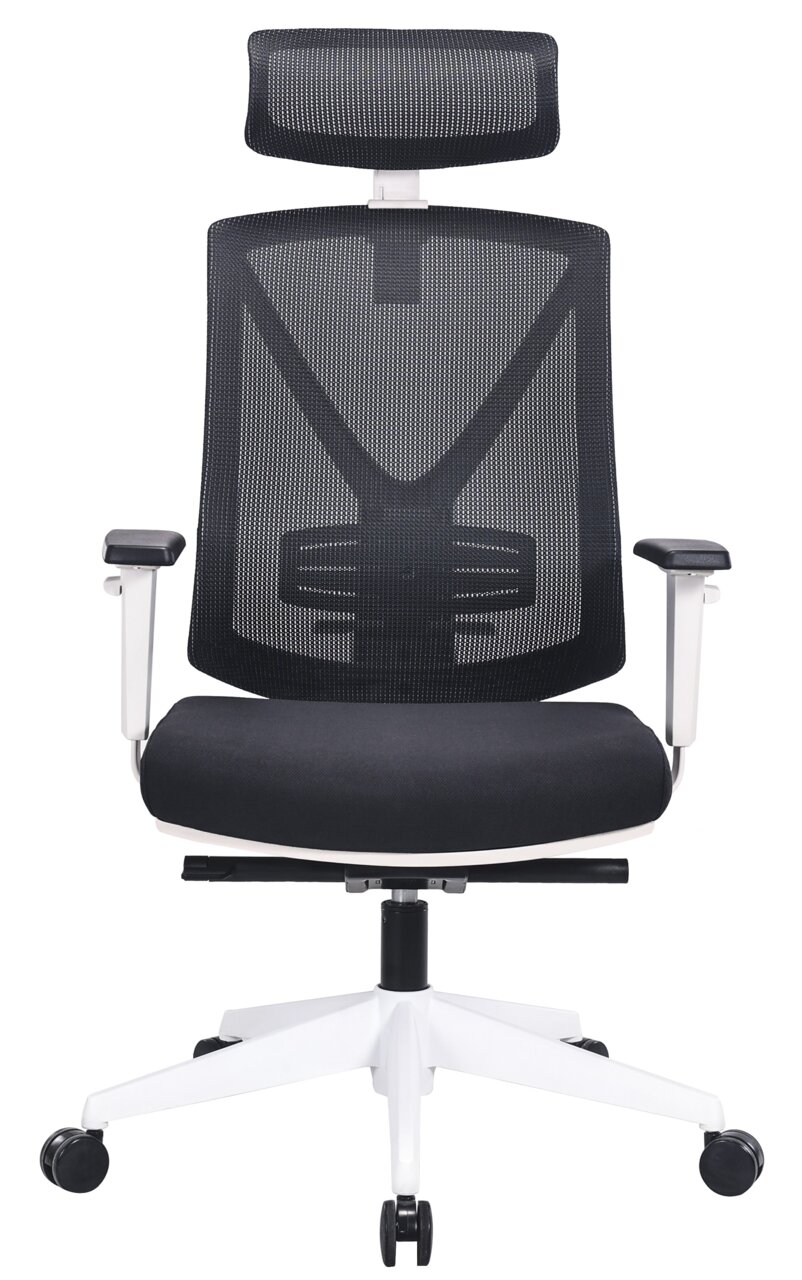 Moderner Drehstuhl mit Netzrückenlehne und Kopfstütze, Vorderansicht