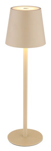 Beige Akku-Tischleuchte Vannie in seitlicher Perspektive mit rundem Lampenschirm und schlankem Standfuß.