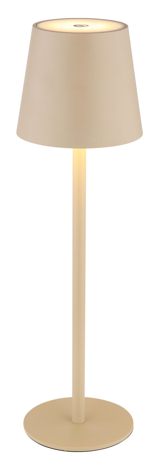 Beige Akku-Tischleuchte Vannie in seitlicher Perspektive mit rundem Lampenschirm und schlankem Standfuß.