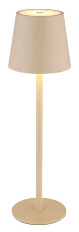 Beige Akku-Tischleuchte Vannie in seitlicher Perspektive mit rundem Lampenschirm und schlankem Standfuß.
