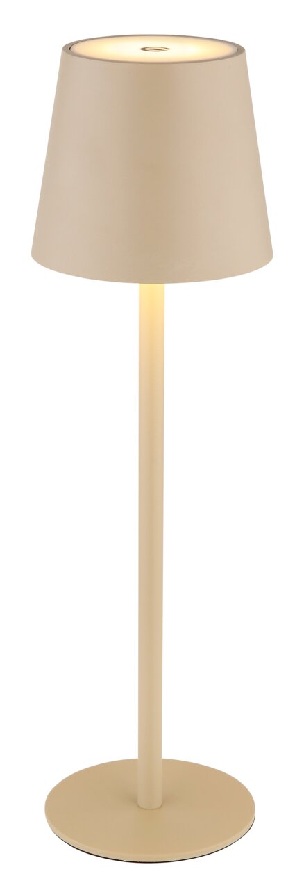 Beige Vannie-tafellamp op accu, gezien van opzij, met ronde lampenkap en slanke voet.