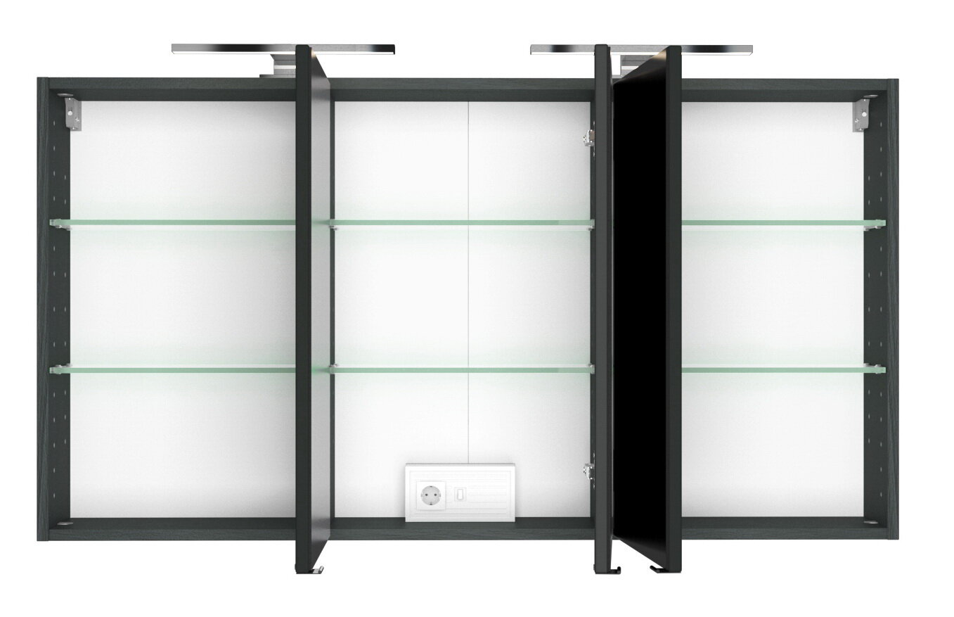 Spiegelschrank mit drei Türen, teilweise geöffnet, mit Glasregalen und integrierter Steckdose, Frontalansicht