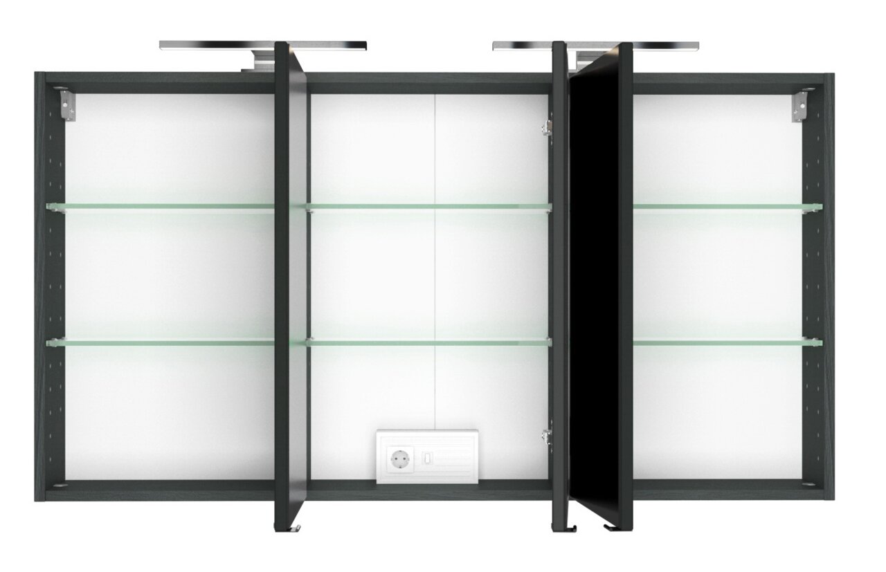 XORA Spiegelschrank LUCCA Spiegelschrank mit drei Türen, teilweise geöffnet, mit Glasregalen und integrierter Steckdose, Frontalansicht