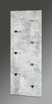 Frontale Ansicht einer grauen Wandgarderobe im Beton-Look mit mehreren runden Haken in Schwarz und Grau, leicht schräg von vorn fotografiert