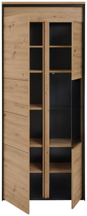 Vitrine aus Holz mit teilweise offenen Türen, frontal betrachtet