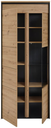 Vitrine aus Holz mit teilweise offenen Türen, frontal betrachtet