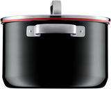 Schwarzer Topf mit Deckel und Griffen, seitliche Perspektive