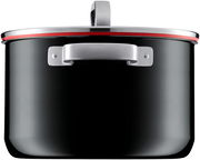 Schwarzer Topf mit Deckel und Griffen, seitliche Perspektive