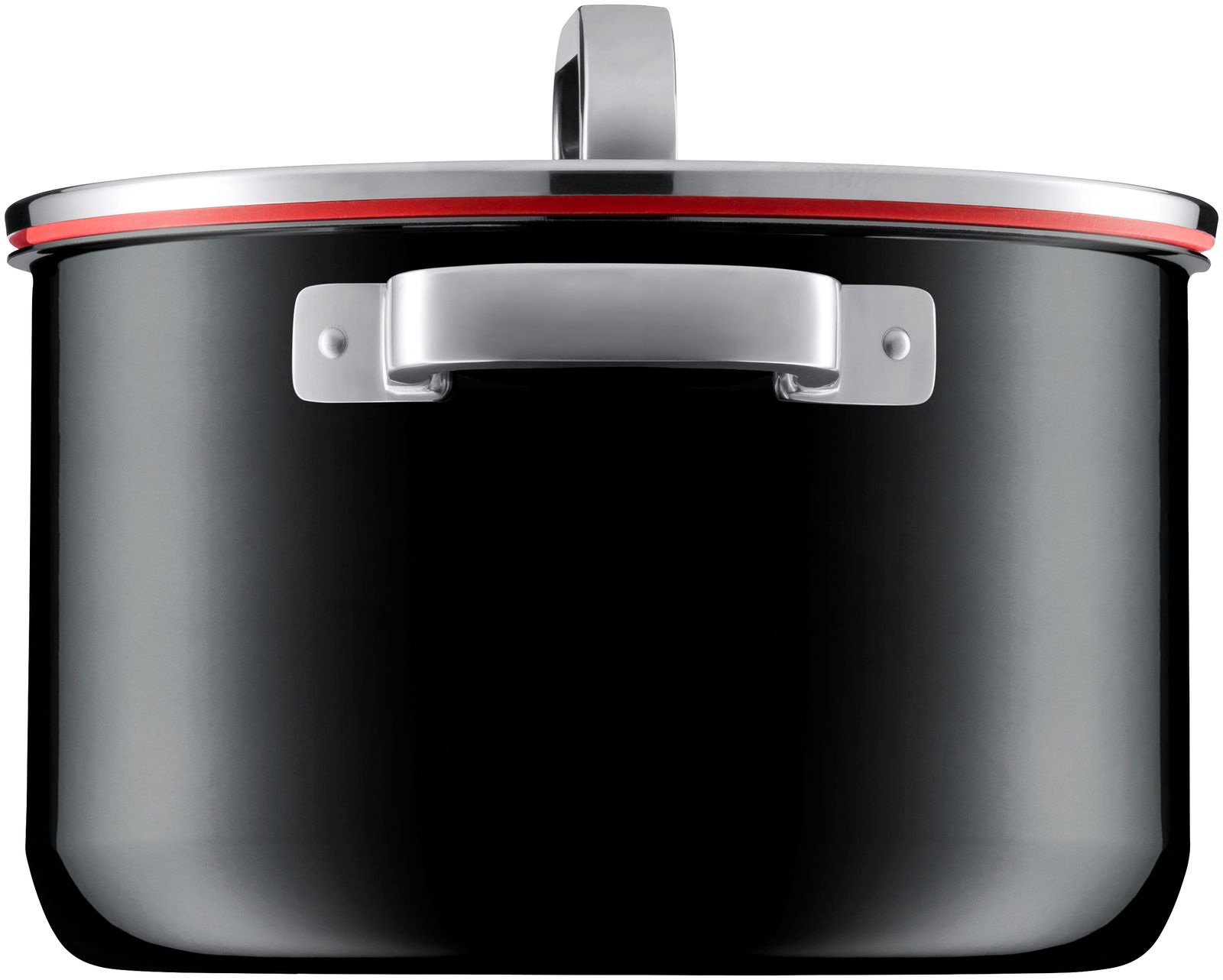 Schwarzer Topf mit Deckel und Griffen, seitliche Perspektive