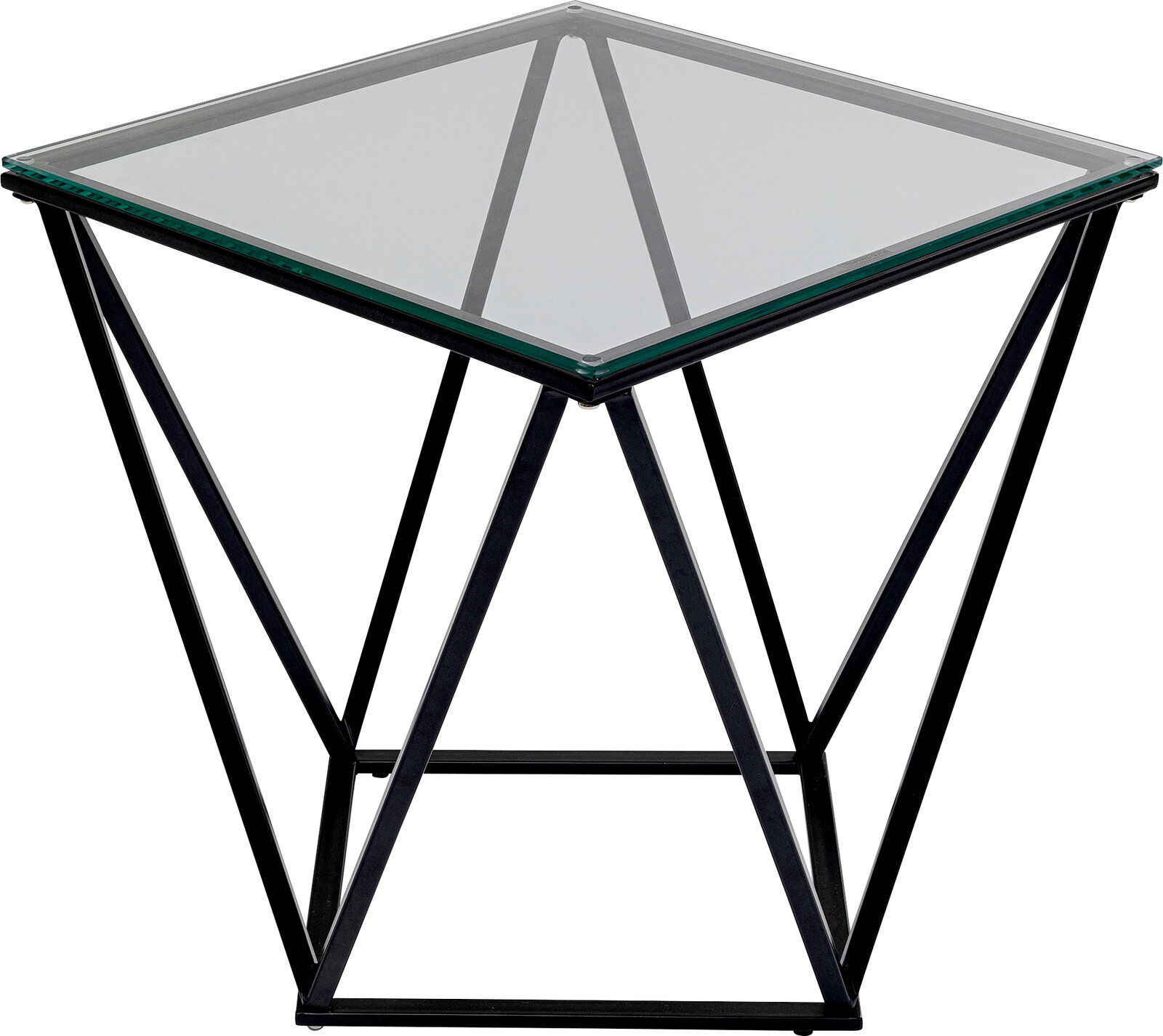 Moderner Beistelltisch mit Glasplatte und geometrischem Metallgestell, seitliche Perspektive