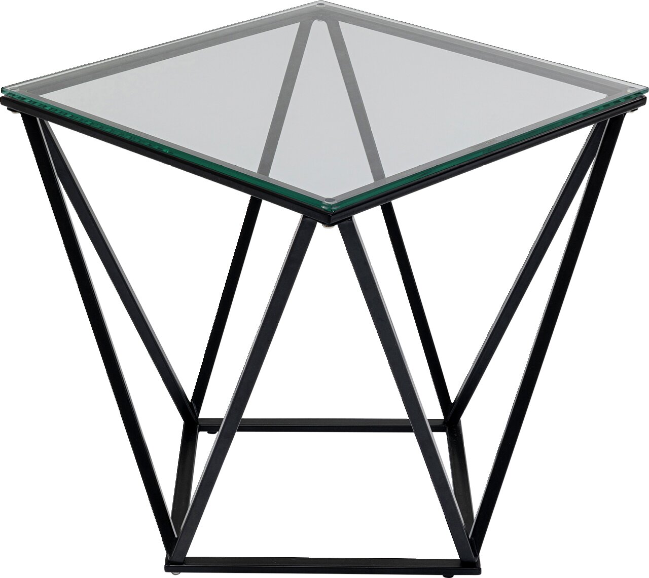 Moderner Beistelltisch mit Glasplatte und geometrischem Metallgestell, seitliche Perspektive