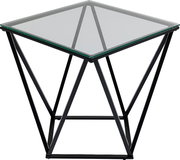 Moderner Beistelltisch mit Glasplatte und geometrischem Metallgestell, seitliche Perspektive