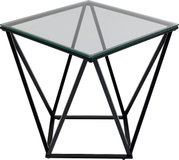 Moderner Beistelltisch mit Glasplatte und geometrischem Metallgestell, seitliche Perspektive