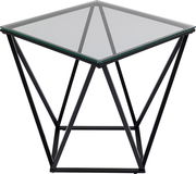 Moderner Beistelltisch mit Glasplatte und geometrischem Metallgestell, seitliche Perspektive