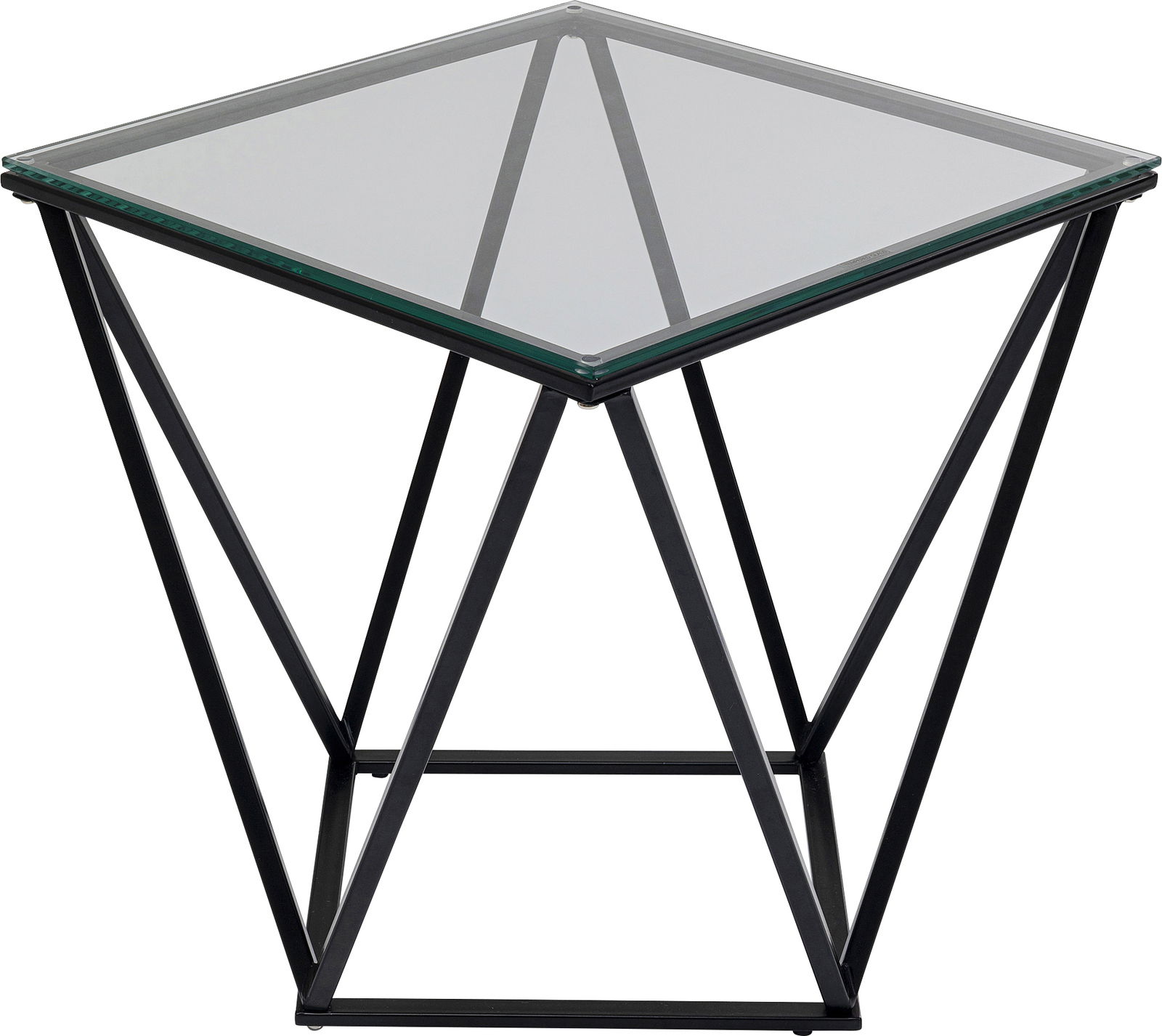 Moderner Beistelltisch mit Glasplatte und geometrischem Metallgestell, seitliche Perspektive