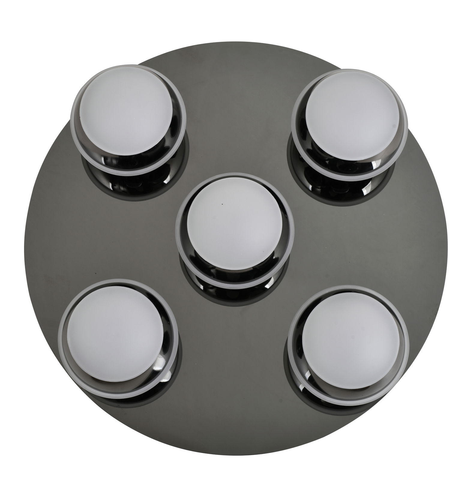 Moderne LED-Deckenleuchte mit fünf runden Lichtquellen auf einer kreisförmigen Basis, Ansicht von oben.