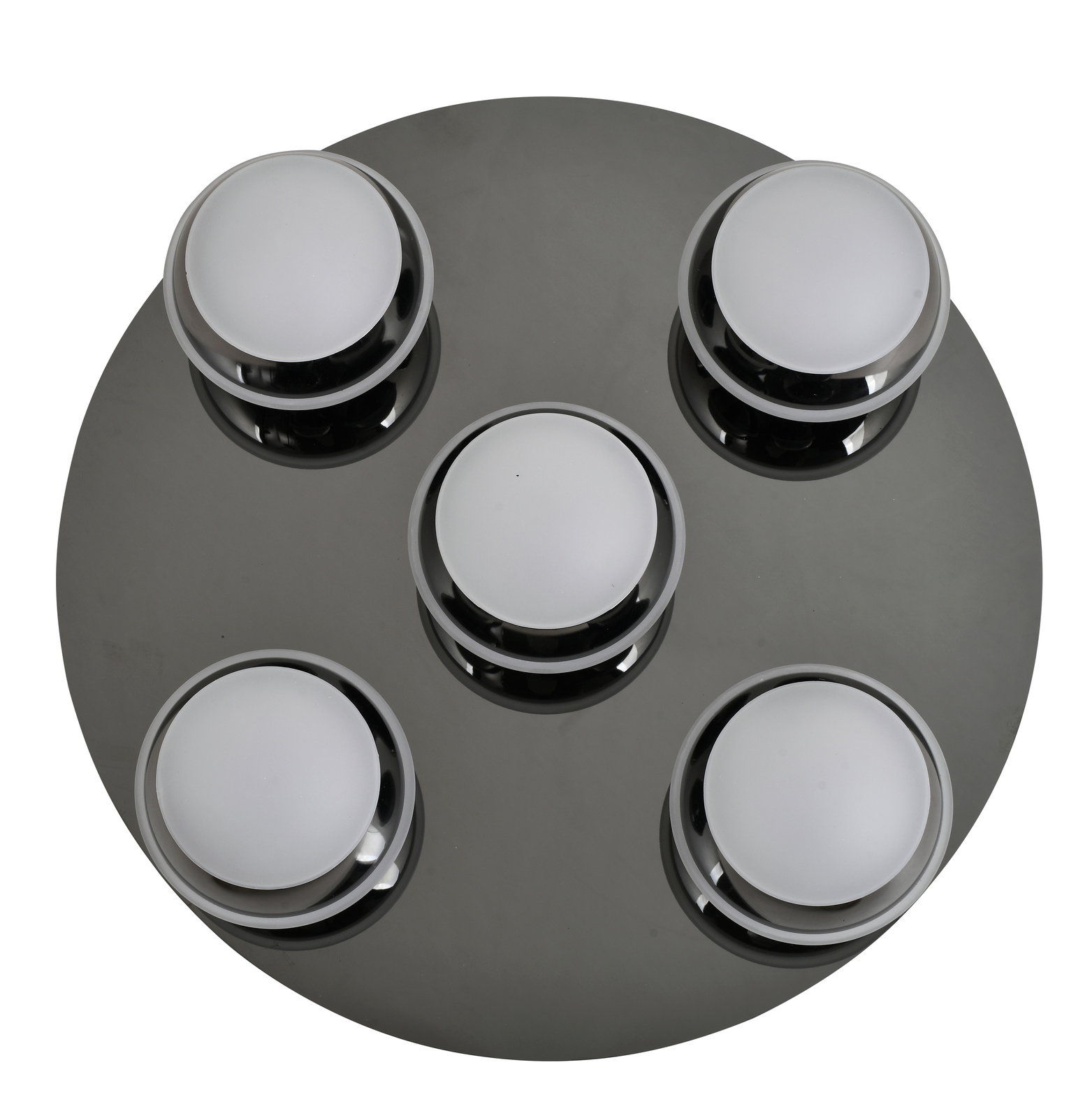 Moderne LED-Deckenleuchte mit fünf runden Lichtquellen auf einer kreisförmigen Basis, Ansicht von oben.