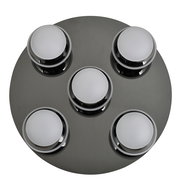 Moderne LED-Deckenleuchte mit fünf runden Lichtquellen auf einer kreisförmigen Basis, Ansicht von oben.