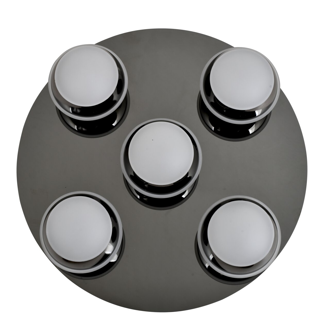 Moderne led-plafondlamp met vijf ronde lichtbronnen op een cirkelvormige voet, gezien van bovenaf.