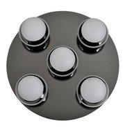Moderne led-plafondlamp met vijf ronde lichtbronnen op een cirkelvormige voet, gezien van bovenaf.