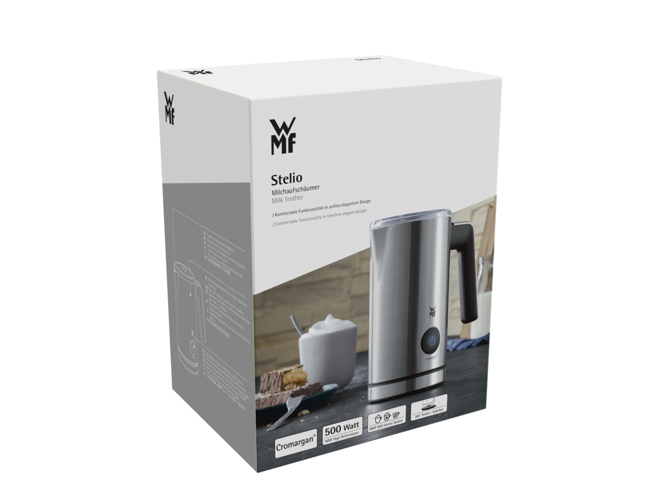 Verpackung des WMF Stelio Milchaufschäumers in schräger Perspektive, zeigt das Produktbild und die Markenlogos.