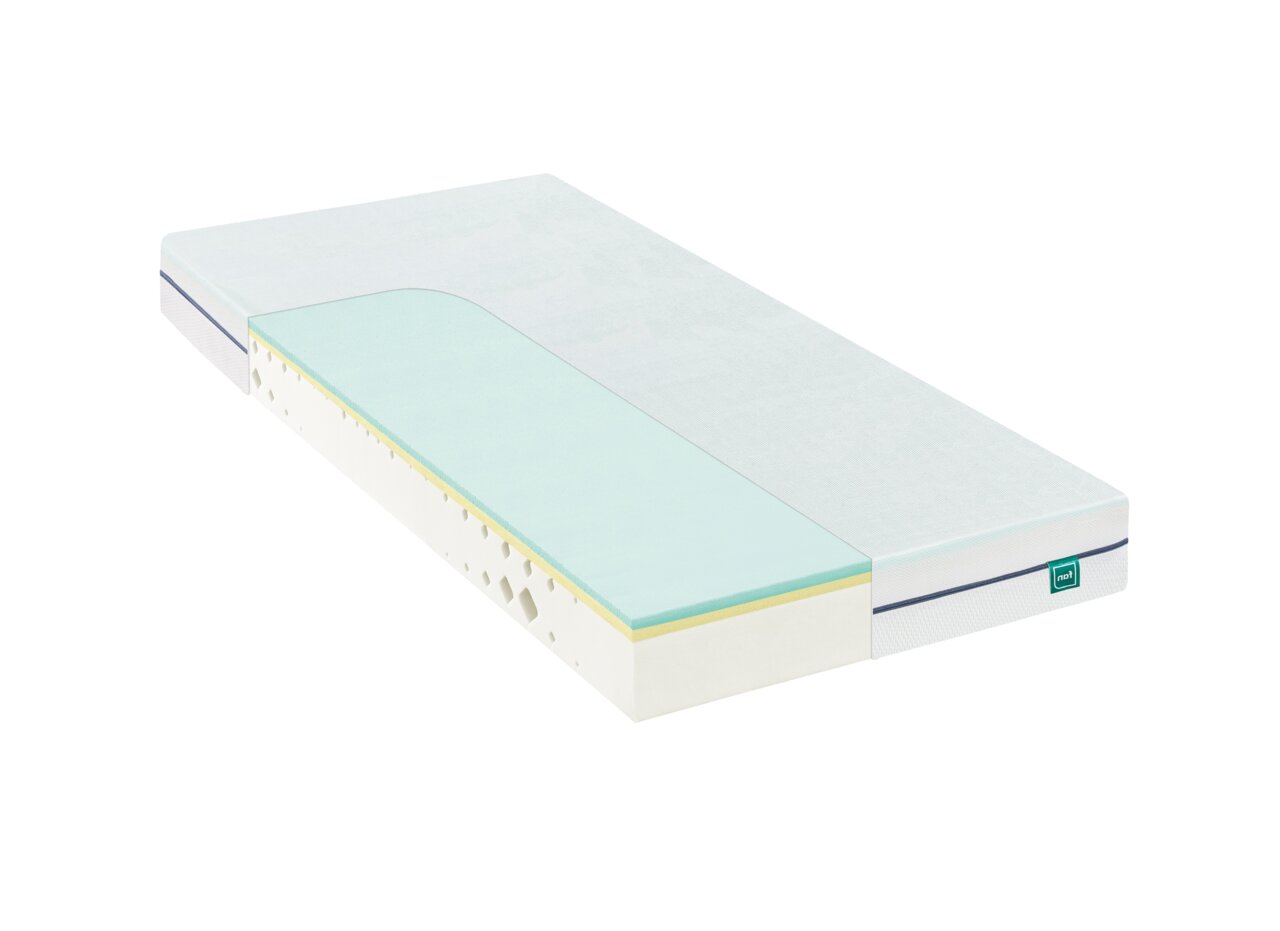Komfortschaummatratze mit sichtbarem Schaumstoffkern, seitliche Perspektive