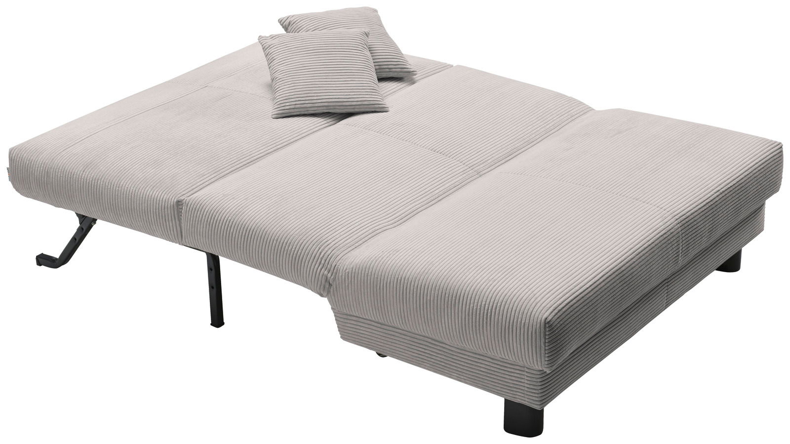 Graues Funktionssofa in Liegeposition mit zwei Kissen, seitliche Perspektive