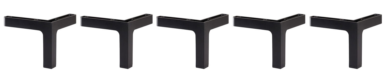 Voleo Fuß-Set STARLIGHT Fünf schwarze, T-förmige Möbelbeine aus Metall, frontal abgebildet.