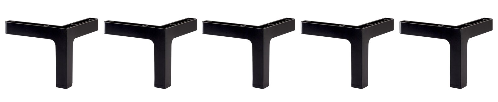 Voleo Fuß-Set STARLIGHT Fünf schwarze, T-förmige Möbelbeine aus Metall, frontal abgebildet.
