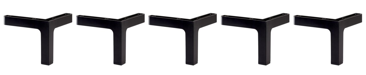 Voleo Fuß-Set STARLIGHT Fünf schwarze, T-förmige Möbelbeine aus Metall, frontal abgebildet.