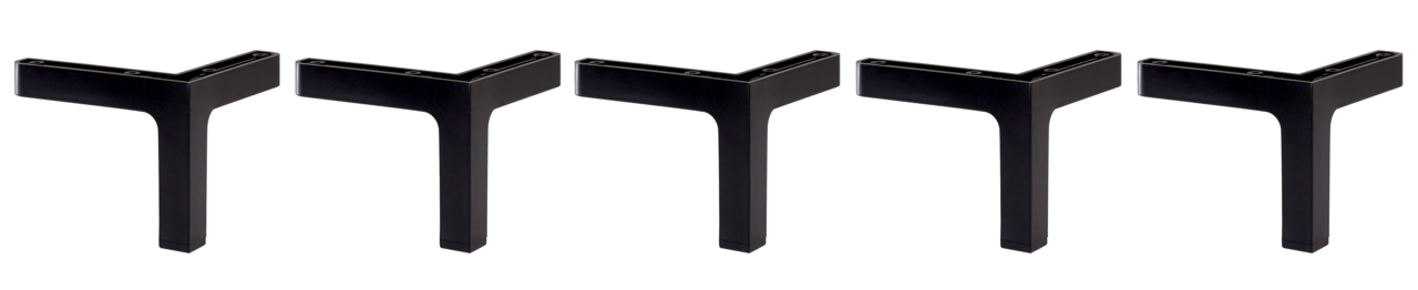 Fünf schwarze, T-förmige Möbelbeine aus Metall, frontal abgebildet.