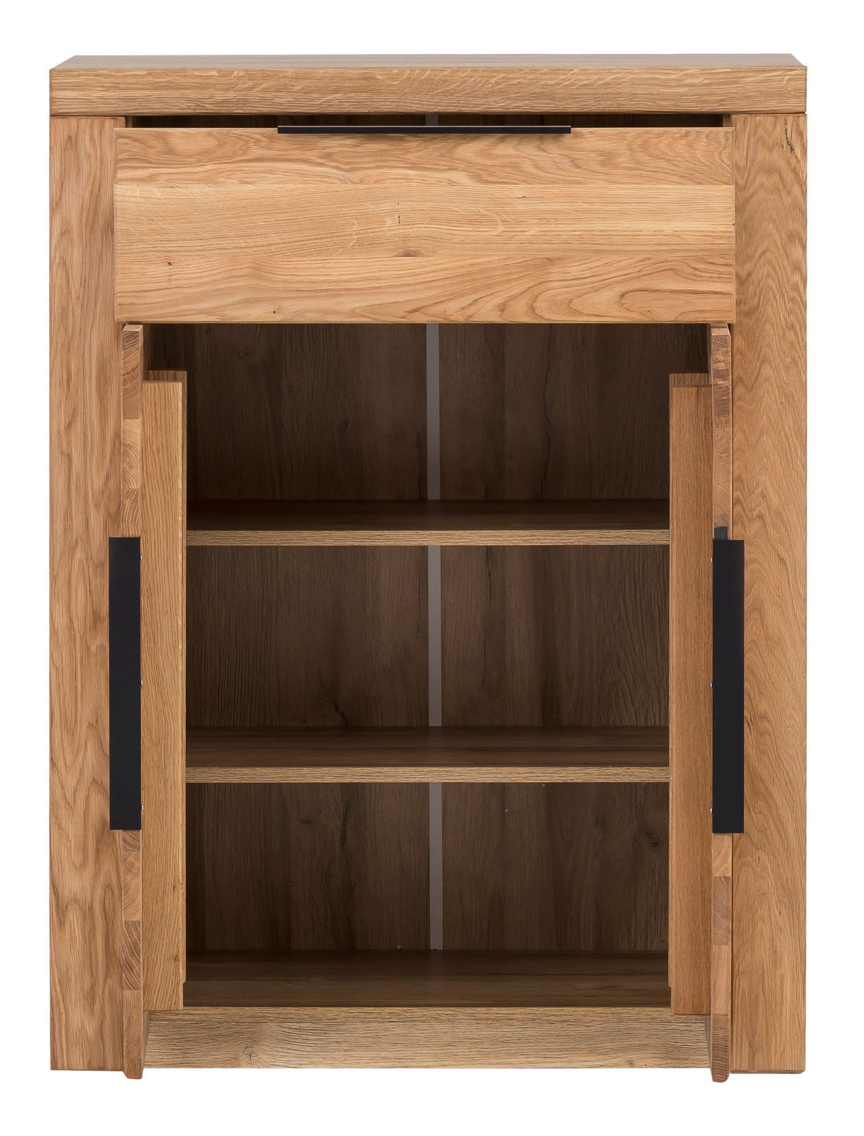 Schuhschrank aus Holz mit zwei offenen Türen und einem Schubfach, Frontalansicht