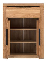 Schuhschrank aus Holz mit zwei offenen Türen und einem Schubfach, Frontalansicht