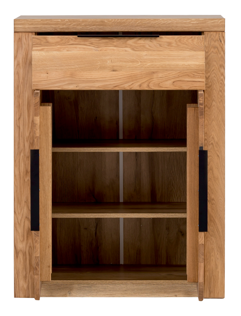 Schuhschrank aus Holz mit zwei offenen Türen und einem Schubfach, Frontalansicht