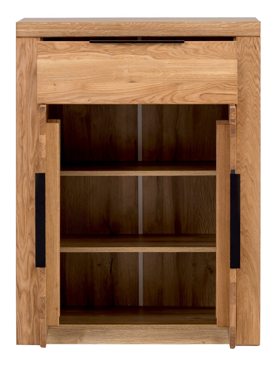 Schuhschrank aus Holz mit zwei offenen Türen und einem Schubfach, Frontalansicht